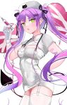 1girl balloon bandages black_tail breasts cleavage commentary_request cowboy_shot demon_girl demon_tail dress ear_piercing earrings green_eyes hashigo hat heart_balloon highres holding holding_syringe hololive jewelry medium_breasts microdress nurse nurse_cap piercing purple_hair simple_background solo syringe tail tokoyami_towa virtual_youtuber white_background white_dress 