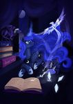  blue_eyes blue_feathers blue_fur book cutie_mark dalagar dragon duo equine eyelashes feathered_wings feathers female feral friendship_is_magic fur hair hooves horn inside magic male mammal membranous_wings moon my_little_pony night princess_luna_(mlp) smile white_hair winged_unicorn wings 