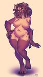  4_toes 5_fingers anthro breasts brown_hair digitigrade featureless_breasts female grey_nose hair hyena looking_at_viewer lukiri mammal navel nude open_mouth simple_background smile solo standing teeth thick_thighs toes tongue white_background wide_hips yellow_eyes 