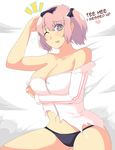  1girl ;p absurdres bare_shoulders blue_eyes blush bow breast_hold breasts buruma cleavage commentary_request english hair_bow hibari_(senran_kagura) highres jacket large_breasts looking_at_viewer nas_(z666ful) one_eye_closed pink_hair senran_kagura senran_kagura_shoujo-tachi_no_shin'ei short_hair short_twintails smile solo symbol-shaped_pupils tongue tongue_out torn_clothes track_jacket twintails 