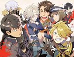  armor bishounen black_gloves black_hair blonde_hair blood blood_splatter blue_eyes brown_hair carrying closed_eyes commentary_request doudanuki_masakuni flower_knot fox fox_shadow_puppet gloves gokotai grey_eyes grin hair_over_one_eye hat horikawa_kunihiro japanese_armor japanese_clothes maeda_toushirou male_focus menpoo multiple_boys mutsu-no-kami_yoshiyuki nakigitsune nakigitsune's_fox open_mouth petals ponytail ready_to_draw sanpaku scarf shishiou shorts smile t_k_g tassel touken_ranbu white_hair yellow_eyes 