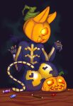 absurd_res anthro big_butt butt candy dessert domestic_cat felid feline felis female food for_a_head fruit hi_res jack-o'-lantern looking_at_viewer looking_back looking_back_at_viewer mammal object_head open_mouth open_smile phrenpai plant pumpkin rear_view sitting skeleton_costume smile solo spice_(fortnite) thick_thighs wide_hips
