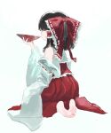  1984_(cw1000110) 1girl barefoot bow brown_hair cup detached_sleeves frilled_bow frilled_hair_tubes frilled_shirt_collar frills from_behind full_body hair_bow hair_tubes hakama hakurei_reimu hand_up highres holding holding_cup japanese_clothes long_hair long_sidelocks long_sleeves open_mouth ponytail red_bow red_hakama red_shirt ribbon-trimmed_sleeves ribbon_trim seiza shirt sidelocks simple_background sitting sleeveless sleeveless_shirt sleeves_past_fingers sleeves_past_wrists solo touhou white_background wide_sleeves 