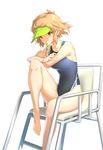  5iz0 bad_id bad_pixiv_id breasts brown_hair competition_swimsuit crossed_arms hair_ornament hairclip highleg highleg_swimsuit highres knee_up lifeguard_chair medium_breasts mouth_hold one-piece_swimsuit senki_zesshou_symphogear short_hair simple_background sitting solo sweatdrop swimsuit tachibana_hibiki_(symphogear) visor_cap whistle white_background yellow_eyes 