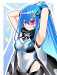  1girl argostars_-_glorious_adra armpits arms_behind_head blue_background blue_hair blush border breasts coat commentary_request cowboy_shot duel_monster high_ponytail highres leotard long_hair ponytail purple_eyes scouter small_breasts smile solo synchroman white_border white_coat white_leotard yu-gi-oh! 