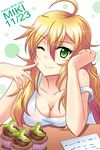  arm_support blonde_hair breasts character_name cleavage finger_to_mouth green_eyes hoshii_miki idolmaster idolmaster_(classic) long_hair medium_breasts one_eye_closed ryusei2u shirt solo white_shirt 