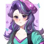  1girl aegyo_sal alternate_skin_color aqua_hair aqua_shirt arms_at_sides beanie black_jacket blush border breasts chinese_commentary cleavage collarbone commentary_request curly_hair curtained_hair expressionless hair_behind_ear hat heart highres jacket long_hair multicolored_hair my_little_pony my_little_pony:_equestria_girls my_little_pony:_friendship_is_magic notice_lines outside_border parted_lips pink_hat pink_trim portrait purple_background purple_eyes purple_hair shirt short_sleeves simple_background sleeveless sleeveless_jacket small_breasts solo star_(symbol) star_print starlight_glimmer starlight_glimmer_(equestria_girls) streaked_hair two-tone_hair white_border zhangshengshanhe 