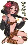  1girl animal_print beans black_jacket blush bra breasts brown_hair cleavage club_(weapon) commentary_request fang gao head_tilt highres holding holding_club holding_weapon idolmaster idolmaster_cinderella_girls jacket leg_warmers looking_at_viewer lvetica mask mask_on_head masu nagatomi_hasumi navel oni_mask print_bra print_shorts sandals setsubun short_hair shorts simple_background small_breasts smile solo spiked_club stomach sukajan tiger_print underwear weapon white_background zouri 