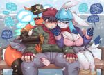  1boy 2girls aqua_eyes armpit_crease baseball_cap bench black_hair blue_eyes blue_gloves blush breasts cellphone character_request cleavage cosmetics english_text eyebrows_hidden_by_hair furry furry_female gammainks girl_sandwich glaceon gloves green_jacket grey_fur grey_pants gyaru hat highres holding holding_lipstick_tube jacket large_breasts licking licking_another's_face lipstick_mark lipstick_tube looking_at_viewer multicolored_nails multiple_girls open_mouth orange_fur pants park_bench partially_fingerless_gloves phone pink_shirt pokemon pokemon_legends:_z-a red_gloves red_hat red_scarf sandwiched scarf shirt short_hair sitting smile snowing speech_bubble teeth thick_eyebrows wavy_mouth 