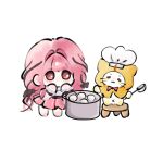  1girl =_= animal barefoot belt black_belt black_bow blunt_bangs bow bowtie brown_eyes cat chef_hat chibi chinese_commentary cloak closed_mouth clothed_animal commentary_request cooking cooking_pot curious ear_covers fengmi_youzi_hua food_request frilled_shirt frilled_sleeves frills hair_bow hair_intakes hair_ribbon hands_on_own_cheeks hands_on_own_face happy hat highres holding holding_ladle hood hood_up hooded_cloak infinity_nikki ladle leaning_forward long_hair long_sleeves low_twintails miniskirt momo_(nikki) navel nikki_(nikki) nikki_(series) off-shoulder_shirt off_shoulder perfect_start_(infinity_nikki) pink_hair pink_skirt pleated_skirt puffy_long_sleeves puffy_sleeves red_bow red_bowtie ribbon see-through_clothes see-through_sleeves shirt sidelocks skirt smile stool tareme traditional_bowtie tress_ribbon twintails very_long_hair wavy_hair whiskers white_cat white_hat white_shirt yellow_cloak 