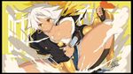  1girl blazblue breasts bullet_(blazblue) cleavage dark_skin denim denim_shorts large_breasts navel solo yaegashi_nan 