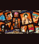  3girls 6+boys abs afro bandana black_bandana black_hair black_jacket blonde_hair blue_eyes blue_hair blue_skin brook_(one_piece) chest_tattoo colored_skin commentary crossed_arms english_commentary franky_(one_piece) green_hair hat highres holding holding_instrument holding_sword holding_violin holding_weapon instrument jacket jinbe_(one_piece) long_hair medium_hair mimscosara monkey_d._luffy multiple_boys multiple_girls nami_(one_piece) nefertari_vivi nico_robin one_piece orange_background orange_hair pompadour roronoa_zoro sanji_(one_piece) short_hair sideburns skeleton sogeking straw_hat straw_hat_pirates sword tattoo tony_tony_chopper usopp violin weapon 