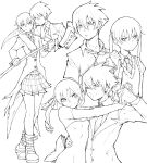  1boy 1girl absurdres arm_around_shoulder arm_on_another's_shoulder cardigan coat commentary crossed_legs dancing diagonal-striped_clothes diagonal-striped_necktie dress elbow_gloves english_commentary formal_clothes frown full_body gloves greyscale highres holding holding_scythe holding_weapon kekel lapels looking_at_another maka_albarn monochrome necktie notched_lapels pinstripe_pattern pinstripe_suit pleated_skirt scythe shirt short_hair skirt smile soul_eater soul_evans strapless strapless_dress striped_clothes suit twintails v-shaped_eyebrows watson_cross weapon 