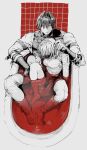  1boy 1girl armband bath bath_of_blood blood commentary_request fate/grand_order fate_(series) fujimaru_ritsuka_(female) full_body greyscale hair_intakes harada_sanosuke_(fate) highres in_bathtub medium_hair monochrome multiple_scars pants scar shirt short_hair sitting sitting_between_legs sleeveless spot_color walk_inari 