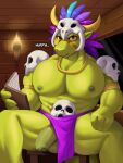  anthro balls big_muscles big_pecs big_penis bone bone_mask bottomwear bottomwear_aside chipchell clothed clothing clothing_aside foreskin front_view genitals green_body green_scales head_feathers hi_res horn humanoid_genitalia humanoid_penis lihzahrd lizard loincloth loincloth_aside loincloth_only looking_at_viewer male mask muscular muscular_male pecs penis purple_eyes raphe_(anatomy) reptile scales scalie sitting skull skull_mask solo terraria topless vein veiny_penis witch_doctor_(terraria) yellow_sclera 