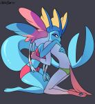  2025 absurd_res anthro anthrofied artist_name black_nose blue_body blue_pawpads clothing duo eeveelution female fin frill_(anatomy) fur generation_1_pokemon generation_6_pokemon gloves_(marking) grey_background hi_res hug hugging_another kneeling leg_markings long_tail looking_aside looking_at_another male markings nintendo odeko-yma pattern_clothing pattern_swimwear pawpads pink_body pink_clothing pink_fur pink_swimwear pink_tail pix_(odeko-yma) pokemon pokemon_(species) pokemorph purple_eyes ribbons_(anatomy) simple_background socks_(marking) striped_clothing striped_swimwear stripes swimwear sylveon tail tail_fin text vaporeon vivian_(odeko-yma) white_body white_fur 