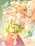  1girl absurdres animal_ear_fluff animal_ears apple apple_hair_ornament bird blonde_hair blush bow cherry_blossoms chinese_clothes colored_eyelashes cowboy_shot eyelashes flower food food-themed_hair_ornament fruit gem green_bird green_eyes grin hair_between_eyes hair_bow hair_intakes hair_ornament happy highres leaf liu_letian long_hair long_sleeves looking_at_viewer original pearl_(gemstone) pink_flower pink_skirt red_bow sample_watermark sidelocks skirt smile solo standing tree watermark 