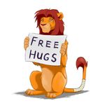  english_text feline feral fur hair holding_object holding_sign lion male mammal nude red_hair simple_background sitting solo text white_background yellow_fur z-lion 