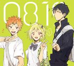  2boys aono_(cmns) bag black_hair blonde_hair brown_eyes haikyuu!! hair_ornament hinata_shouyou kageyama_tobio looking_at_viewer multiple_boys open_mouth orange_hair red_eyes shirt standing t-shirt v white_shirt yachi_hitoka 