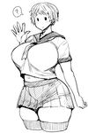  ? blouse breasts cropped_legs curvy greyscale highres huge_breasts light_smile looking_at_viewer miniskirt monochrome navel pleated_skirt school_uniform serafuku short_hair simple_background sketch skirt solid_oval_eyes solo spoken_question_mark synecdoche thick_thighs thighs waving white_background wide_hips 