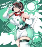  1girl absurdres bare_shoulders black_hair breasts c0rnnnnnn digimon digimon_story:_time_stranger dress elbow_gloves gears gloves goggles goggles_on_head green_dress green_hat hat highres large_breasts microdress red_scarf scarf short_hair smile solo thighhighs two-tone_dress white_dress white_gloves yuuki_kanan 