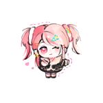  1girl bead_necklace beads black_jacket black_shoes black_skirt chibi chinese_commentary closed_mouth collared_jacket collared_shirt commentary_request dotted_line ear_piercing earrings eyelashes fengmi_youzi_hua fur-trimmed_jacket fur-trimmed_sleeves fur_trim gyaru hair_ornament hair_scrunchie hairclip hand_on_own_chest happy heart heart_hair_ornament highres infinity_nikki jacket jewelry leg_warmers light_blush long_hair long_sleeves looking_at_viewer miniskirt multicolored_hair necklace nikki_(series) one_eye_closed parallel_hairclips piercing pink_eyes pink_hair pink_leg_warmers pink_scrunchie pink_shirt rainbow_hair_ornament ribbon ribbon_earrings rosie_sweetheart_(infinity_nikki) scrunchie shirt shoes simple_background single_earring skirt smile solo split-color_hair two_side_up very_long_hair white_background white_scrunchie wrist_scrunchie x_hair_ornament y2k_fashion yellow_ribbon 