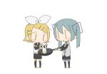  2girls :d :o bad_id bad_tumblr_id black_sailor_collar black_shorts blonde_hair blue_hair bow broken_egg cooking cracked_egg deformed detached_sleeves egg_(food) egg_yolk eggshell food frying_pan hair_bow hair_ornament hairclip hatsune_miku holding holding_food holding_frying_pan kagamine_rin large_bow long_sleeves multiple_girls necktie no_nose parallel_hairclips parted_lips pleated_skirt sailor_collar short_hair shorts simple_background skirt smile standing torla16 twintails vocaloid white_background white_bow |_| 