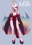  1girl animal_ear_fluff animal_ears breasts cameltoe collarbone commentary_request contrapposto fox_ears fox_girl fox_tail grey_background hand_on_own_hip head_tilt highres hisahiko kitsune kyuubi large_breasts large_tail long_hair multiple_tails navel original pelvic_curtain platform_sandals red_eyes sandals simple_background solo standing tail variant_set white_hair 