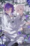  2boys absurdres birdcage blnag_peapond blue_lock cage closed_mouth commentary_request flower grey_eyes head_tilt highres holding holding_flower looking_at_viewer male_focus mikage_reo multiple_boys nagi_seishirou necktie on_lap purple_eyes purple_flower purple_hair purple_rose rose sitting sitting_on_lap sitting_on_person suit white_hair white_suit yaoi 
