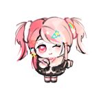  1girl bead_necklace beads black_jacket black_shoes black_skirt chibi chinese_commentary closed_mouth collared_jacket collared_shirt commentary_request ear_piercing earrings eyelashes fengmi_youzi_hua fur-trimmed_jacket fur-trimmed_sleeves fur_trim gyaru hair_ornament hair_scrunchie hairclip hand_on_own_chest happy heart heart_hair_ornament highres infinity_nikki jacket jewelry leg_warmers light_blush long_hair long_sleeves looking_at_viewer miniskirt multicolored_hair necklace nikki_(series) one_eye_closed parallel_hairclips piercing pink_eyes pink_hair pink_leg_warmers pink_scrunchie pink_shirt rainbow_hair_ornament ribbon ribbon_earrings rosie_sweetheart_(infinity_nikki) scrunchie shirt shoes simple_background single_earring skirt smile solo split-color_hair two_side_up very_long_hair white_background white_scrunchie wrist_scrunchie x_hair_ornament y2k_fashion yellow_ribbon 