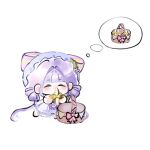  1girl ^_^ absurdly_long_hair apron barefoot basket bling_(infinity_nikki) blunt_bangs bow bow_apron chibi chinese_commentary closed_eyes commentary_request country_lolita covered_mouth double_bun dress fengmi_youzi_hua flower frilled_dress frilled_headwear frills hair_bun hair_intakes hair_spread_out happy hat hat_bow hat_flower hat_ornament highres holding infinity_nikki kneeling lace-trimmed_apron lace_trim leaf_hat_ornament light_blush lolita_fashion long_dress long_hair low_twintails mob_cap nikki_(series) pleated_dress purple_bow purple_dress purple_hair purple_hat simple_background single_stripe solo speech_bubble spoken_object striped_bow thought_bubble twintails very_long_hair waist_apron whispers_of_bliss_(infinity_nikki) white_apron white_background white_flower 