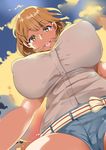  absurdres breasts brown_eyes brown_hair covered_nipples from_below hair_ornament hairclip highres huge_breasts jpeg_artifacts looking_at_viewer looking_down narusawa_ryouka occultic;nine short_hair short_shorts shorts smile solo thighs yac_(mokkori) 