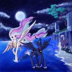  blue_eyes blue_feathers blue_fur blue_hair dalagar dragon equine eyelashes feathers feral friendship_is_magic fur group hair hooves horn male mammal membranous_wings moon multicolored_hair my_little_pony night nude outside pink_eyes princess_celestia_(mlp) princess_luna_(mlp) sibling sisters sitting sky smile star starry_sky white_feathers white_fur winged_unicorn wings 