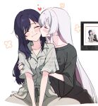  2girls art_program_in_frame black_shirt cho_kaguya-hime! closed_eyes closed_mouth colored_inner_hair commentary grey_pants grey_shirt hand_on_another's_waist hashtag-only_commentary heart i_bgd_ho kiss kissing_cheek long_hair mole mole_under_eye multicolored_hair multiple_girls pants pink_hair purple_hair purple_nails runami_yachiyo sakayori_iroha shirt simple_background smile watermark white_background white_hair yuri 