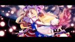  1girl :d american_flag_dress blonde_hair blurry blurry_background cake_mogo clownpiece danmaku dress english_commentary fang hat jester_cap letterboxed long_hair neck_ruff open_mouth purple_headwear red_eyes sleeveless sleeveless_dress smile solo symbol-only_commentary touhou wrist_cuffs 