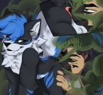 anthro anus artist_name balls bipbopstunk bite biting_lip biting_own_lip black_body black_fur black_hair blue_body blue_eyes blue_fur blue_hair butt canid canine canis claws domestic_dog duo fart fart_cloud fart_fetish fart_sniffing farting_on_another finger_claws fur genitals german_shepherd grey_body grey_eyes grey_fur grey_inner_ear_fluff hair hand_on_leg hand_on_thigh herding_dog hi_res inner_ear_fluff looking_back male male_farting mammal markings mephitid mole_(marking) multicolored_body multicolored_fur narrowed_eyes nose_to_anus one_eye_closed pastoral_dog raised_tail self_bite skunk snaggle_teeth sniffing sound_effects tail tan_body tan_fur text tuft white_body white_fur