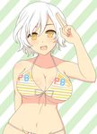 :d bare_arms bare_shoulders bikini blush breasts cleavage collarbone commentary_request front-tie_bikini front-tie_top groin hair_between_eyes ichiryuu_tsumiki large_breasts looking_at_viewer miyabi_(senran_kagura) navel open_mouth salute senran_kagura senran_kagura_peach_beach_splash short_hair smile solo stomach striped striped_bikini swimsuit underboob white_hair yellow_eyes 