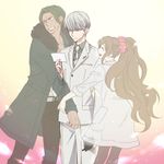  2boys bisexual_(male) brown_hair closed_eyes danganronpa danganronpa_3 dark_skin dark_skinned_male fading fur-trimmed_jacket fur_trim ghost high_ponytail hug iiiiiy5 jacket labcoat long_hair multiple_boys munakata_kyousuke pantyhose photo_(object) sakakura_juuzou sandwiched scrunchie smile yukizome_chisa 