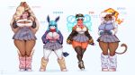  4girls aqua_hair baseball_cap black_sclera black_thighhighs blue_eyes breasts brown_eyes brown_hair character_name cleavage closed_mouth colored_sclera colored_skin dark-skinned_female dark_skin eyebrows_hidden_by_hair fidgeting fiery_hair full_body furry furry_female gammainks glaceon grey_skin grey_skirt gyaru hair_over_one_eye hand_on_own_chest hands_on_own_hips hat height_chart highres holding holding_phone jacket large_breasts long_hair looking_at_viewer loose_socks multiple_girls open_mouth orange_skin phone pink_shirt pokemon pokemon_legends:_z-a purple_jacket shirt shoes simple_background skindentation skirt smile smug sneakers socks sweater tail thick_eyebrows thighhighs twintails white_background white_sweater 