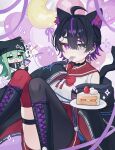  2girls absurdres ahoge animal_ears asymmetrical_legwear balloon beanie black_boots black_choker black_hair black_hat black_thighhighs boots cake cake_slice cat_ears cat_girl cat_hair_ornament cat_tail choker closed_mouth commentary double-parted_bangs ear_piercing earrings eating english_commentary food fork green_eyes green_hair grey_eyes hair_between_eyes hair_ornament hat heart_balloon heterochromia highres holding holding_fork holding_party_popper holding_plate jewelry long_hair long_sleeves looking_at_viewer mismatched_legwear multicolored_hair multiple_girls namin_(namin_star) nanase_(namin) open_mouth original party_popper piercing plate purple_eyes purple_streaks red_sailor_collar red_skirt red_thighhighs sailor_collar shirt short_hair skirt sleeves_past_fingers sleeves_past_wrists smile solo_focus star-shaped_pupils star_(symbol) streaked_hair symbol-shaped_pupils tail thighhighs white_shirt wide_sleeves 