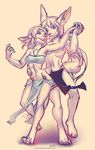  4_toes 5_fingers anthro breasts clothed clothing digitigrade duo female fur grey_nose hair inner_ear_fluff lukiri male mammal midriff navel simple_background smile standing toes topless white_background white_fur white_hair wide_hips 