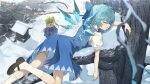  2girls absurdres alternate_costume black_shoes blue_bow blue_dress blue_hair bow breath cirno closed_eyes commentary_request daiyousei detached_wings dress fairy fairy_wings footprints green_eyes green_hair hair_bow highres ice ice_wings mary_janes mittens multiple_girls on_branch one_side_up open_mouth pinafore_dress puffy_short_sleeves puffy_sleeves shimiya_jin shirt shoes short_hair short_sleeves sleeping sleeveless sleeveless_dress smile snow socks touhou white_shirt white_socks wings winter winter_clothes yellow_mittens 