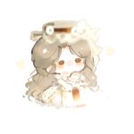  1girl bow brown_eyes brown_hair chibi chinese_commentary commentary_request daisy_(flower) dream_banquet_(infinity_nikki) dress expressionless fengmi_youzi_hua flower frilled_headwear frilled_sleeves frills grey_hat hat hat_bow hat_flower highres infinity_nikki lace-trimmed_dress lace_trim layered_sleeves light_blush light_particles long_dress long_hair long_sleeves nikki_(series) no_mouth own_hands_together pussy_juice simple_background solid_oval_eyes solo very_long_hair wavy_hair white_background white_bow white_dress white_flower 