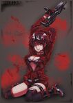  1girl absurdres arms_up artist_name asymmetrical_clothes belt black_bra black_thighhighs boots bra breasts brown_hair buckle cc2137 character_name cleavage commentary fb_glauberyt full_body girls'_frontline gloves goggles goggles_on_head grey_background gun high_heel_boots high_heels highres holding holding_gun holding_weapon jumpsuit knee_boots long_sleeves looking_at_viewer medium_breasts open_clothes open_jumpsuit pm-06_(girls'_frontline) red_eyes red_gloves red_jumpsuit short_hair short_jumpsuit single_knee_boot single_thigh_boot sitting smile snap-fit_buckle solo stretching submachine_gun thigh_boots thigh_strap thighhighs trigger_discipline underwear untranslatable_commentary wariza weapon 