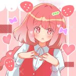  1girl :o ben-day_dots blush bow collared_shirt food fruit hands_on_own_chest heart heart_in_eye long_sleeves looking_at_viewer medium_hair okazaki_yumemi open_mouth pink_background red_eyes red_hair red_vest screentones shirt solo strawberry symbol_in_eye teruteru12 touhou upper_body vest waistcoat white_shirt 