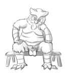 animal_genitalia anthro avian balls barbertos_troulasorn_(undergreysnest) beak bedroom_eyes belly belly_overhang bench big_belly bird cheek_tuft chest_tuft digital_drawing_(artwork) digital_media_(artwork) dungeons_and_dragons facial_tuft fat_rolls feathers feet genitals great_horned_owl hand_on_chin hand_on_knee hand_on_leg hasbro hi_res horned_owl looking_at_viewer male moobs musclegut muscular narrowed_eyes nude on_bench overweight overweight_male owl owlin penis penis_tip saggy_balls seductive sheath sheathed_tapering_penis simple_background sitting sitting_on_bench sketch solo talon_hands talons tapering_penis thick_thighs toes true_owl tuft undergreysnest watermark white_background wizards_of_the_coast