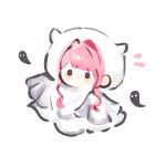  1girl blunt_bangs brown_eyes chibi fengmi_youzi_hua ghost ghost_costume hair_intakes highres infinity_nikki light_blush nikki_(nikki) nikki_(series) no_mouth notice_lines pink_hair short_hair_with_long_locks sidelocks simple_background solid_oval_eyes solo wavy_hair white_background 