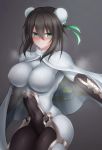  arm_guards bangs black_hair blush bodysuit breasts bun_cover cape chinese_clothes closed_mouth cloud_print covered_nipples double_bun erect_nipples fate/grand_order fate_(series) frown green_eyes highres large_breasts looking_at_viewer qin_liangyu_(fate) sidelocks simple_background skin_tight solo standing white_cape yoh0cid 