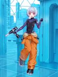  :d ahoge ambiguous_gender black_bodysuit bodysuit cocytus_(wind_master) commentary_request covered_navel full_body grey_hair highres holding_tool jumpsuit jumpsuit_around_waist looking_at_viewer multicolored_bodysuit nut_(hardware) orange_jumpsuit original purple_bodysuit red_eyes short_hair skin_tight smile solo two-tone_bodysuit 