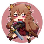  1girl animal_ears ankle_boots artist_name black_dress boots border brown_boots brown_dress brown_hair chibi child collar commentary_request crying crying_with_eyes_open dagger dress dripping_eye flying_sweatdrops full_body highres holding holding_dagger holding_knife holding_weapon huge_weapon knife kyousadie long_hair long_sleeves looking_at_viewer messy_hair metal_collar metal_hair_tubes open_mouth outline outside_border pink_background pink_eyes raccoon_ears raccoon_girl raccoon_tail raphtalia raphtalia_(young) red_dress sheath short_dress short_sleeves signature solo tail tate_no_yuusha_no_nariagari tears teeth tongue two-tone_dress upper_teeth_only watermark weapon white_border white_outline wide_mouth 